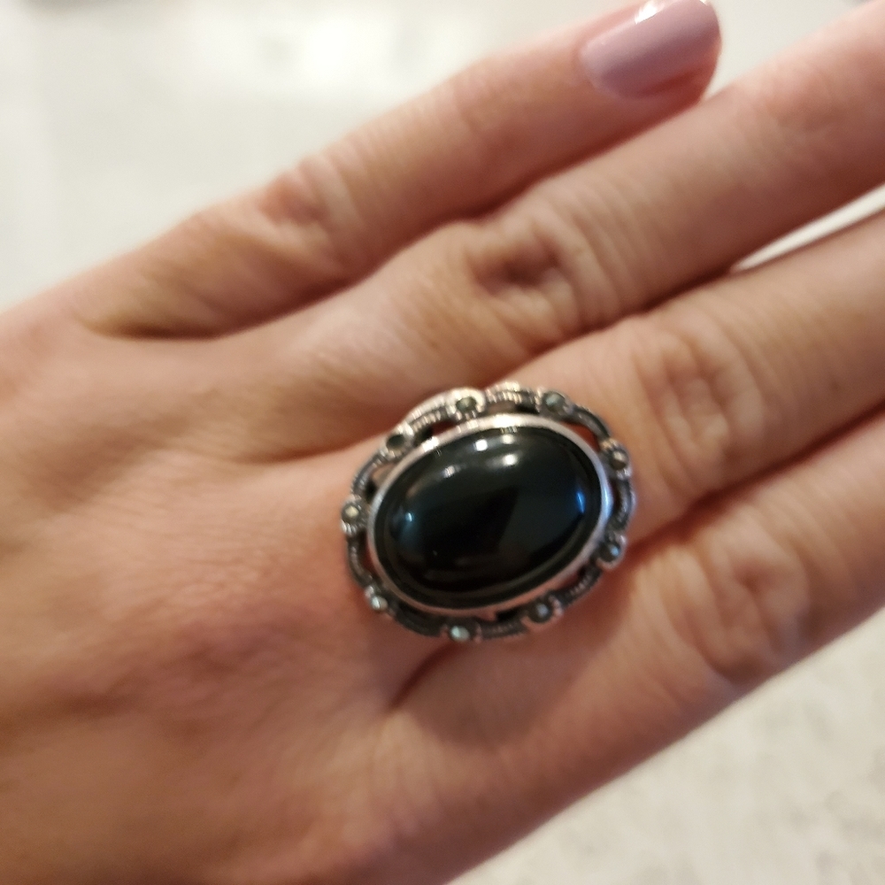 Black Gem Rhinestone Statement Ring Ornate Artsy Glam Classic Cocktail Party